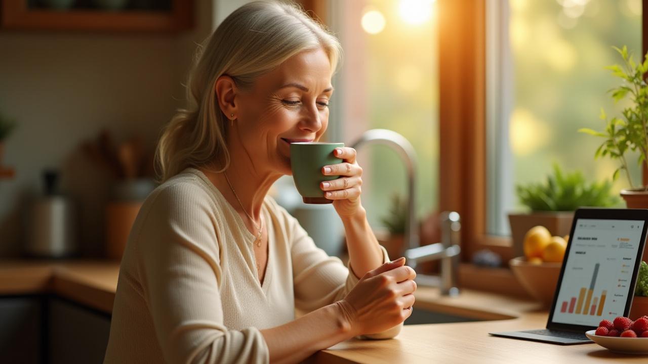 A serene woman aged 40-50, thoughtfully sipping herbal tea in a sunlit, modern kitchen, surrounded by fresh produce and a tablet displaying health metrics. The scene conveys calm technology and everyday wellness.