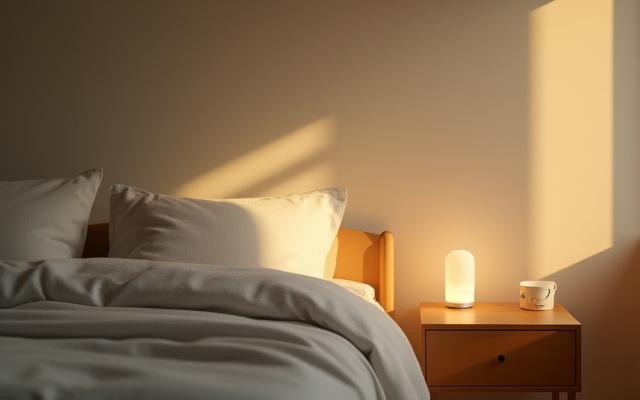 A serene, minimalist bedroom scene bathed in soft, warm light, with subtle digital health trackers on a nightstand, representing advanced sleep science.