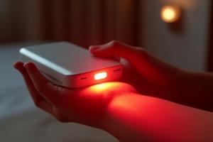 Compact red light therapy device being used on skin.